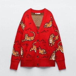 Zara Tiger Knit Cardigan Red